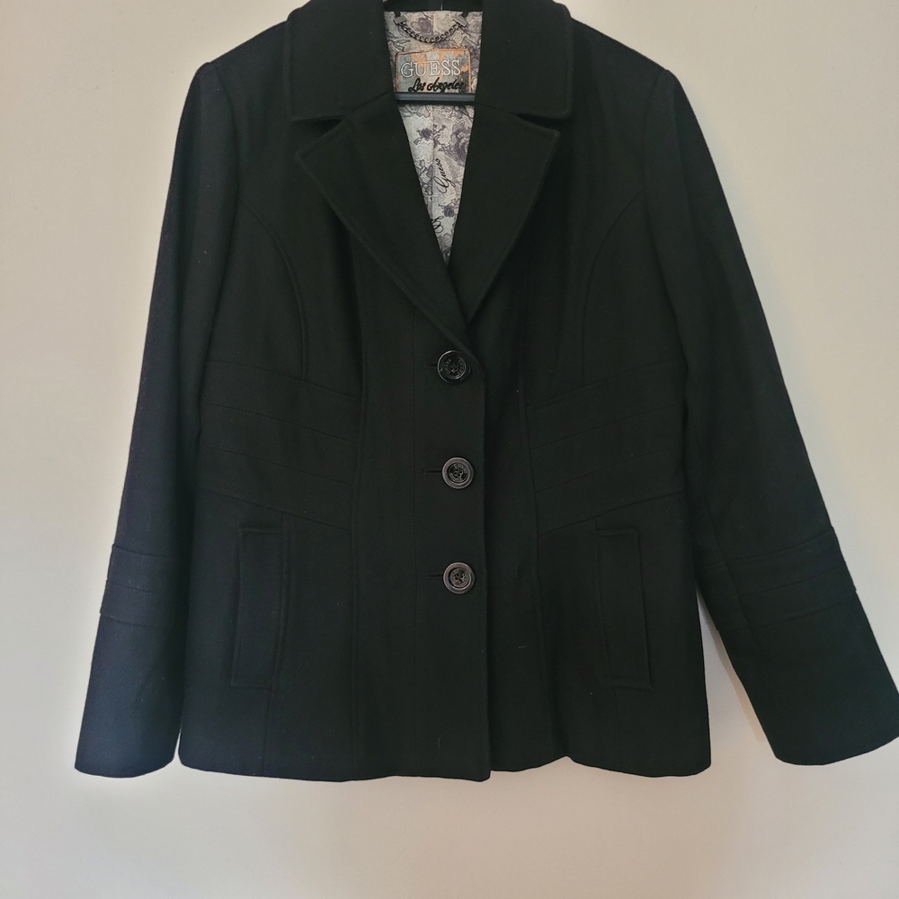 Guess Black Women's Blazer Jacket Wool Coat Size Large Old Money Classic